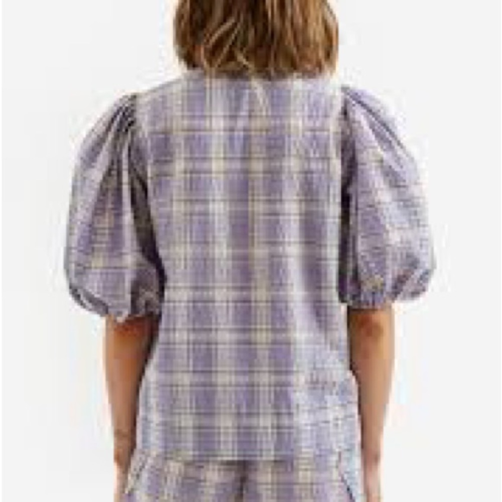 Ganni Check Seersucker Check V Neck Blouse in Persian Violet Check - Size Small - Picture 2 of 10
